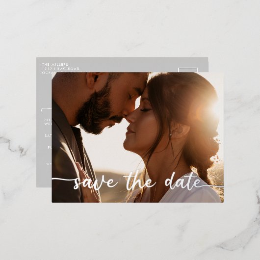 フォト日付ホイルはがきを保存 – Silver 箔シーズンポストカード (正面/裏面)