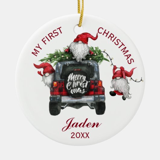 フォト格言マイ初めてのクリスマスウォーターカラーホリデイ セラミックオーナメント (正面)