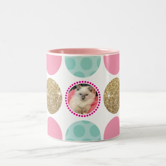 フォト水玉模様モダンキッズ写真スポットピンク金ゴールド ツートーンマグカップ (中央)