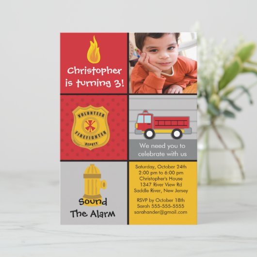 フォト消防士の少年消防車誕生パーティー 招待状 (スタンド正面)