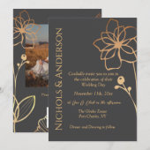 フォト炭と金ゴールドのQRコード結婚ズ 招待状 (正面/裏面)