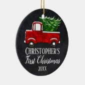 フォト男の赤ちゃんの初めてのクリスマスヴィンテージトラック セラミックオーナメント (右)