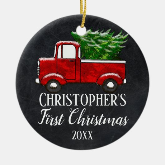 フォト男の赤ちゃんの初めてのクリスマスヴィンテージトラック セラミックオーナメント (正面)