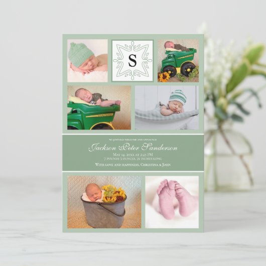 フォト男の赤ちゃんグリーン出生告知モノグラム 案内状 (スタンド正面)