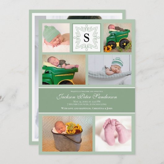 フォト男の赤ちゃんグリーン出生告知モノグラム 案内状 (正面/裏面)