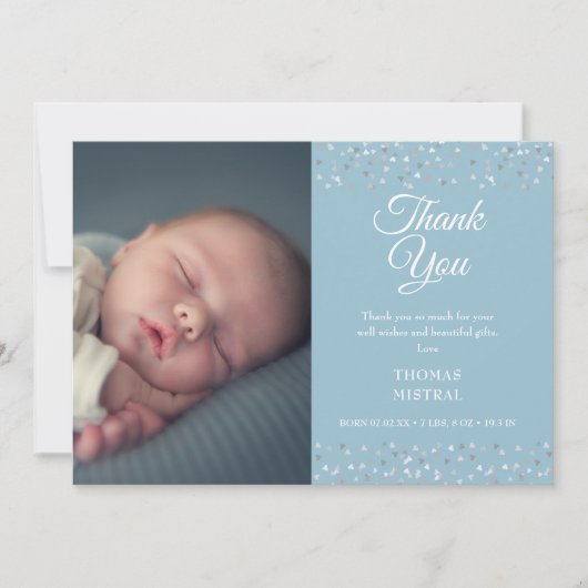 フォト男の赤ちゃんスクリプトサンキューラブハート誕生 案内状 (正面)