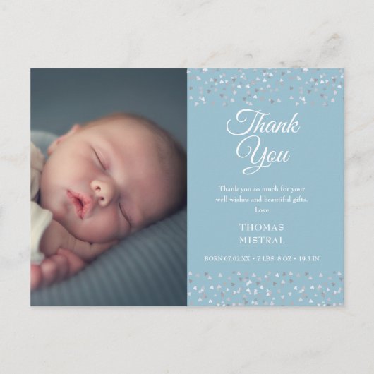 フォト男の赤ちゃんスクリプトラブハートありがとう誕生 案内ポストカード (正面)