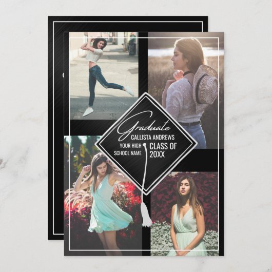 フォト白黒キャップとタッセル枠付き卒業 招待状 (正面/裏面)