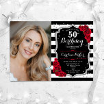 フォト白黒ストライプズRed Silver 50誕生日 招待状<br><div class="desc">エレガントフローラ50歳のフェミニン誕生日の招待状と写真。グラム白黒レッドデザインとフェイクグリッター銀。白黒の、赤ストライプいバラ、スクリプトフォント、紙吹雪を備えている。大人スタイリッシュのお祝いパーティーに最適。独自の詳細でパーソナライズどんなカスタマイズ年でもいい！印刷されたZazzle招待状または即時ダウンロードのデジタル印刷可能なテンプレート。</div>