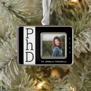 フォト白黒PhD卒業式クリスマス飾り シルバープレートフレームオーナメント