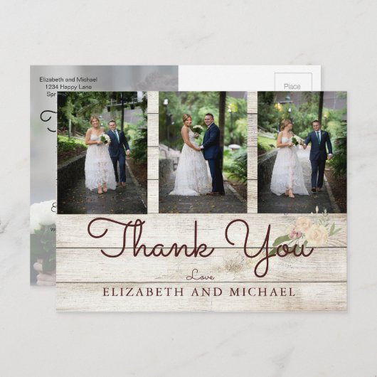 フォト素朴ウッドフローラ結婚のモダン感謝 ポストカード (正面/裏面)
