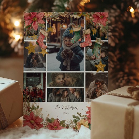 フォト素朴ストッキングとポインセティアスのクリスマス シーズンカード