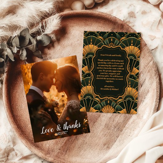 フォト結婚アールデコのダイヤモンド金ゴールドと緑 サンキューカード