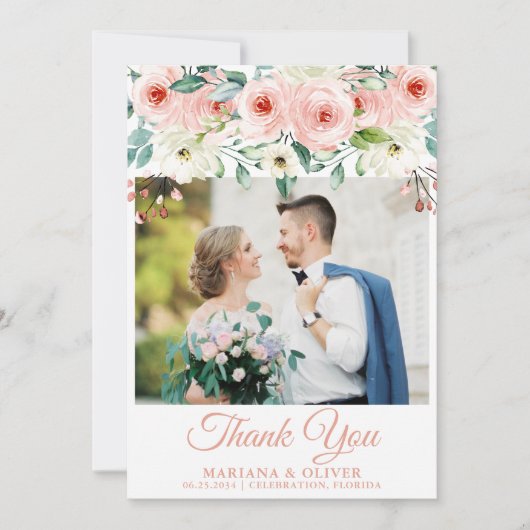 フォト結婚サンキューカードピーチホワイトフローラ 招待状 (正面)