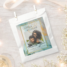 フォト結婚式の引き出物バッグシーガラスティール（緑がかった色）金ゴールドインク フェイバーバッグ