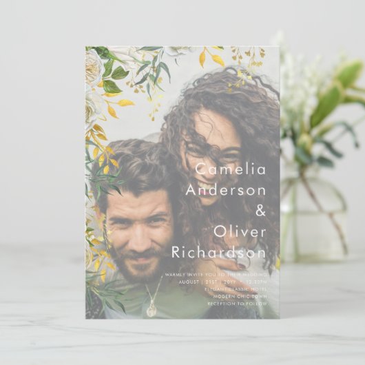 フォト結婚式招待状グリーナリー金ゴールドLeahG 招待状 (スタンド正面)