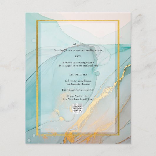 フォト結婚式招待状ティール（緑がかった色）金ゴールドインクLeahG (裏面)