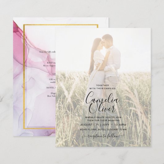 フォト結婚式招待状ピンクパープルインクリーフ (正面/裏面)