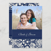フォト結婚式招待状ブルークリームダマスク 招待状 (正面/裏面)