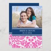フォト結婚式招待状ブルーピンクダマスク 招待状 (正面/裏面)