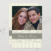 フォト結婚式招待状ベージュストライプフローラ 招待状 (正面/裏面)