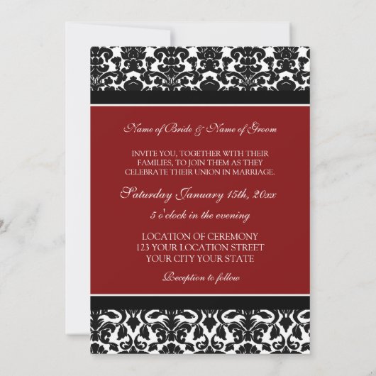 フォト結婚式招待状レッドブラックダマスク 招待状 (裏面)