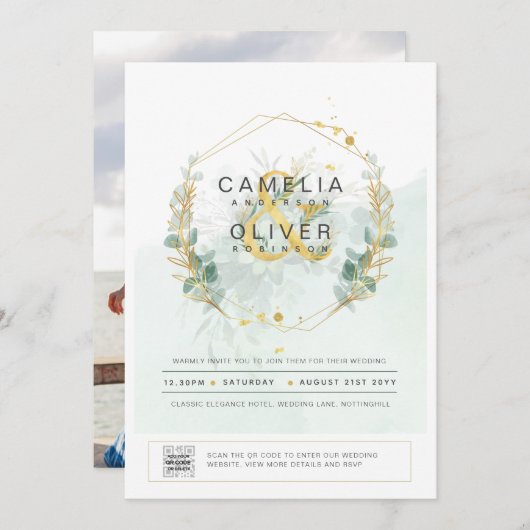 フォト結婚式招待状植物緑の金ゴールド 招待状 (正面/裏面)
