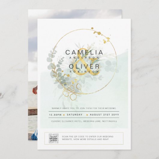 フォト結婚式招待状植物緑の金ゴールド 招待状 (正面/裏面)