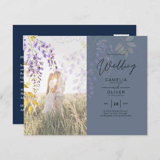 フォト結婚式招待状藤フローラ予算 (正面/裏面)