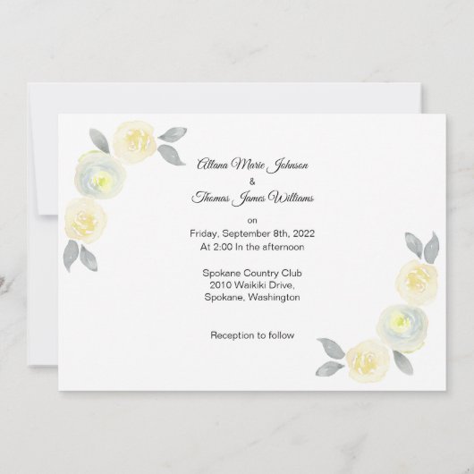 フォト結婚式招待状 – 黄色と灰色のフローラ セーブザデート (裏面)