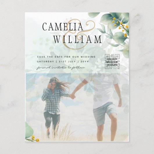 フォト結婚式招待状、Qrコード、緑葉の チラシ (正面)