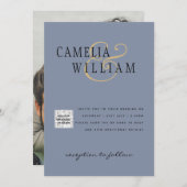 フォト結婚式招待状QRCode RSVPダスティブルー 招待状 (正面/裏面)