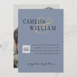 フォト結婚式招待状QRCode RSVPダスティブルー 招待状