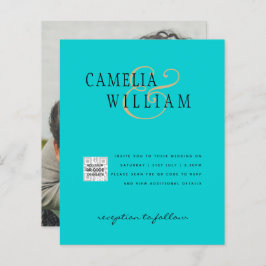 フォト結婚式招待状QRCode RSVPティール(緑がかった色)ブルー