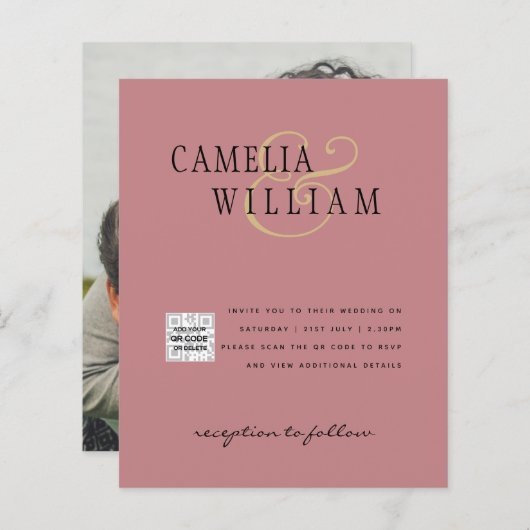 フォト結婚式招待状QRCode RSVP埃バラ (正面/裏面)