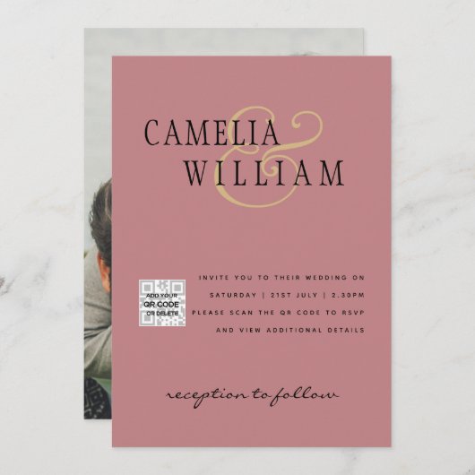 フォト結婚式招待状QRCode RSVP埃バラ 招待状 (正面/裏面)