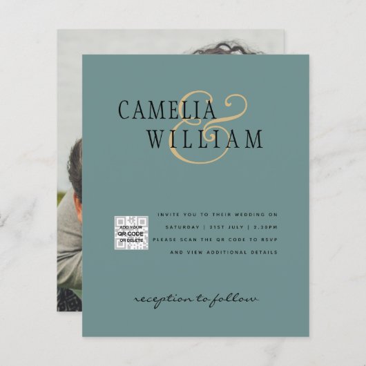 フォト結婚式招待状QRCode RSVP Sage Green (正面/裏面)