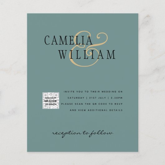 フォト結婚式招待状QRCode RSVP Sage Green チラシ (正面)