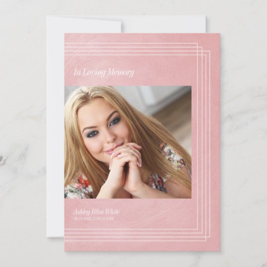 フォト葬儀招待状ピンクフェイクメタリック効果 招待状 (正面)