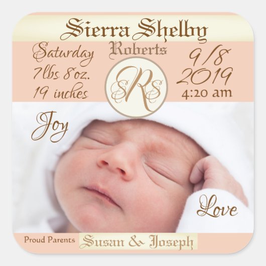 フォト誕生の状態カスタムベビーの誕生発表 スクエアシール (正面)