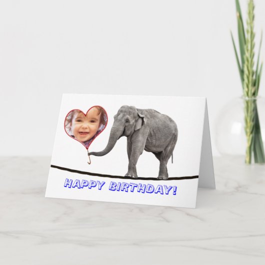 フォト誕生日カード、タイトロープ歩くゾウ カード (正面)