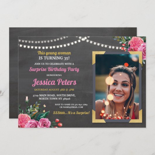 フォト誕生日ピンクフローラチョークアニーエイジウムズ 招待状 (正面/裏面)