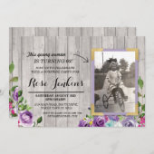 フォト誕生日フローラウッ素朴ドパープル招待状 招待状 (正面/裏面)