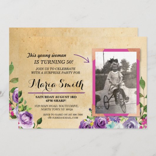 フォト誕生日フローラ素朴ヴィンテージパープル招待状 招待状 (正面/裏面)