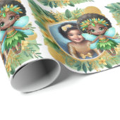 フォト誕生日ブラックフェアリーかわいいグリーンイエロー金ゴールド ラッピングペーパー (ロールコーナー)