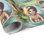 フォト誕生日ブラックフェアリーかわいいグリーンイエロー金ゴールド ラッピングペーパー (ロールコーナー)