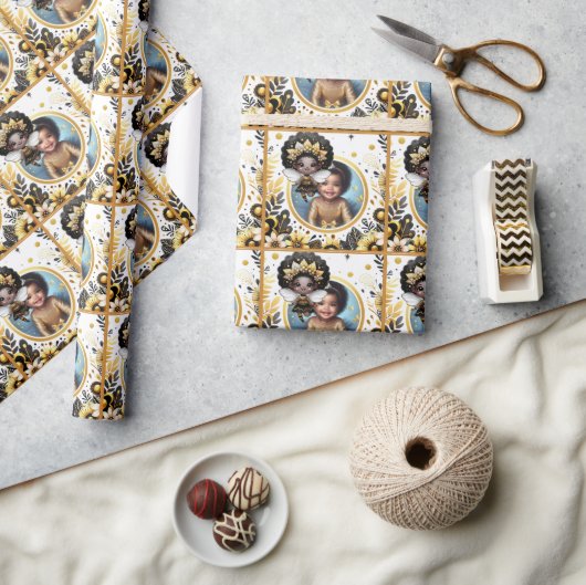 フォト誕生日ブラックフェアリープリンセスイエロー金ゴールド ラッピングペーパー (クラフト)