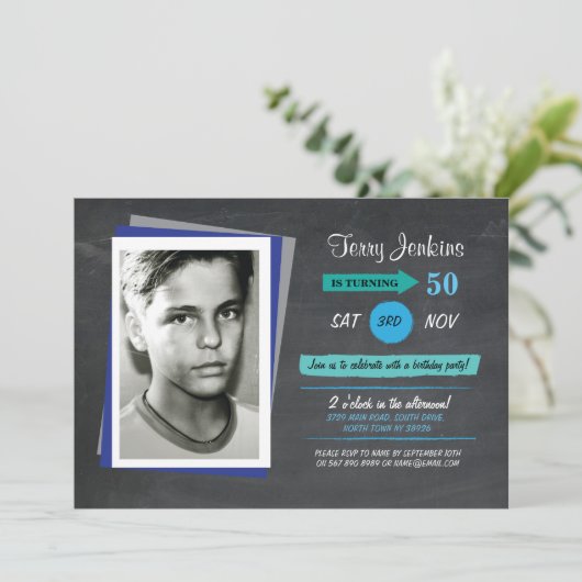 フォト誕生日ブルーチョークティール(緑がかった色)招待状 招待状 (スタンド正面)