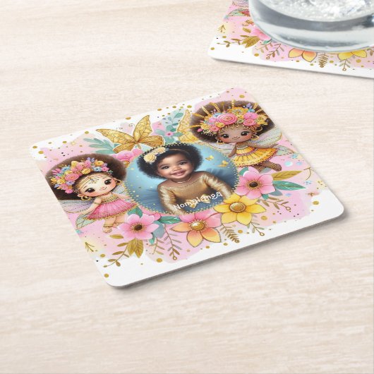 フォト誕生日リトルブラック妖精アフリカンピンク スクエアペーパーコースター (アングル)