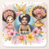 フォト誕生日リトルブラック妖精アフリカンピンク スクエアペーパーコースター (正面)